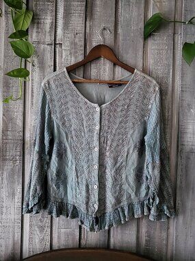 Vintage 90s Boho Rayon Blouse - Split Bell Sleeve Back Tie Top